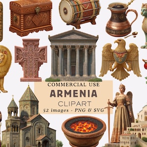 May include: A collection of Armenian-themed clipart images, including a carved wooden chest, a drum, a temple, a lion statue, a cross, an eagle, a woman in traditional dress, and a church. The text "COMMERCIAL USE ARMENIA CLIPART" is also present.