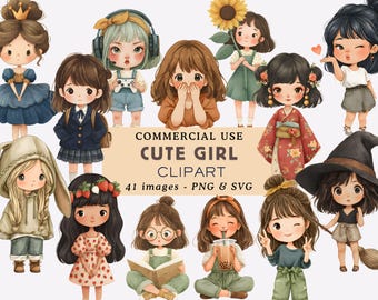 Cute Girl Clipart Bundle Quirky Cute Little Girl Illustrations Adorable Girl Graphics Kawaii Young Lady PNG Junk Journals