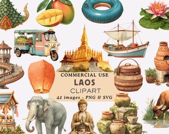 Laos Clipartbundel Bezienswaardigheden Eten en cultuur Illustraties Reizen Vakantie Graphics Traditionele kunst Commercieel gebruik Junkjournaal