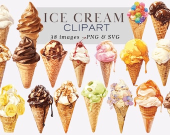 Ice Cream Clipart Watercolor Ice Cream PNG Summer Clipart Dessert Clipart Dessert Graphics Ice Cream PNG Ice Cream Cone Commercial Clipart