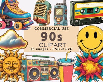 90s Clipart Bundle | Retro Neon Graphics, Vintage Elements (SVG & PNG)