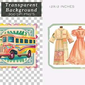 Pu&ograve; includere: Stampa artistica digitale con un'illustrazione di autobus vintage colorato all'interno di una cornice decorativa. L'immagine include anche due abiti, uno con maniche lunghe e l'altro con maniche a sbuffo. Il testo "Transparent Background 300 DPI PNG'S" &egrave; in alto.