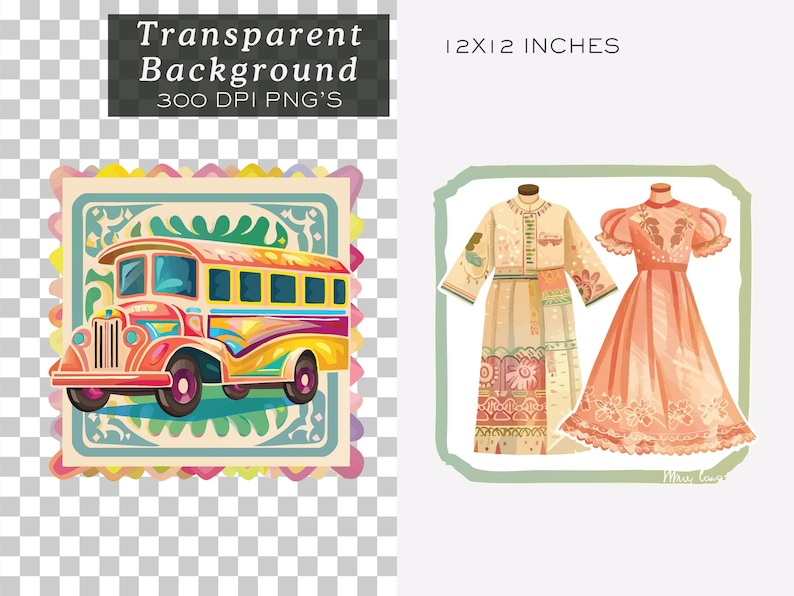 Pu&ograve; includere: Stampa artistica digitale con un'illustrazione di autobus vintage colorato all'interno di una cornice decorativa. L'immagine include anche due abiti, uno con maniche lunghe e l'altro con maniche a sbuffo. Il testo "Transparent Background 300 DPI PNG'S" &egrave; in alto.