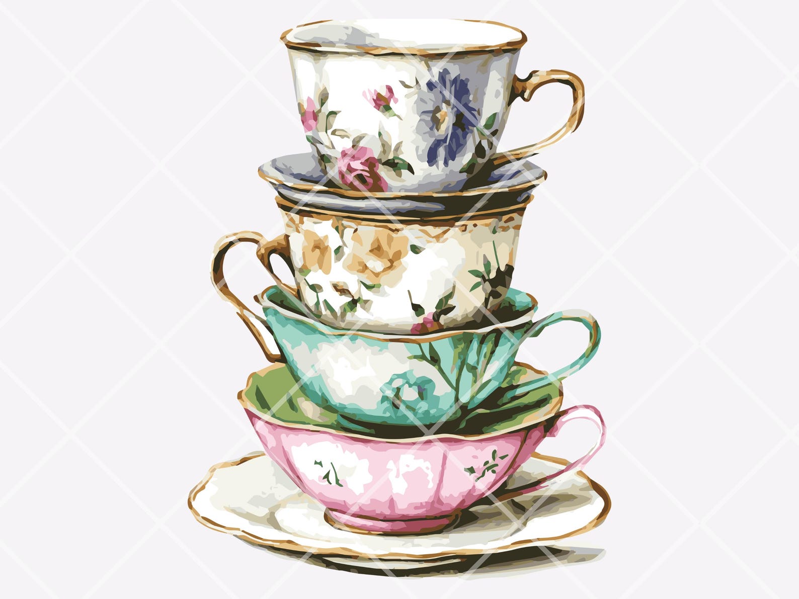 Stacked Tea Cups Clipart Floral Stack of Teacups Clipart Tea Cup PNG ...