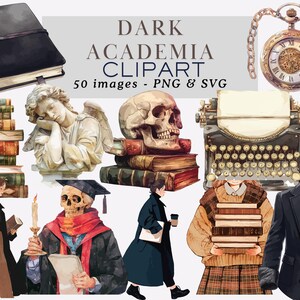 Vintage Dark Academia Clipart PNG Goth Dark Academia PNG Library Clipart Witchy Clipart Halloween Clipart Bookworm Clipart Commercial Use