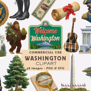 Pacchetto di clipart di Washington DC, paesaggio urbano e monumenti, illustrazione dello stato americano, grafica di viaggio USA, vista PNG, uso commerciale, diario di viaggio