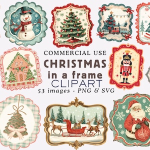Puede incluir: Una colección de imágenes prediseñadas con temática navideña en varios marcos decorativos. Las imágenes incluyen un muñeco de nieve, un árbol de Navidad, Papá Noel y una casa de jengibre. El texto dice "COMMERCIAL USE CHRISTMAS in a frame CLIPART 53 images - PNG & SVG."