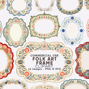 May include: A collection of decorative frames featuring floral patterns in various colors including red, blue, green, and pink. The central frame displays the text: COMMERCIAL USE FOLK ART FRAME CLIPART 52 images - PNG & SVG. The frames have scalloped edges.