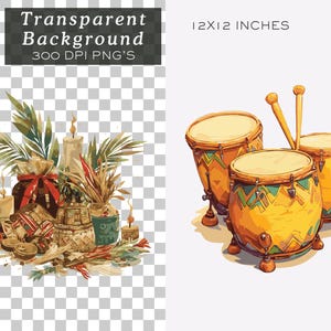 Peut inclure: Illustration &agrave; l'aquarelle avec des tambours et des &eacute;l&eacute;ments d&eacute;coratifs. Les tambours jaunes ont des motifs verts et bleus. L'image comprend des bougies, des plantes et le texte "Transparent Background 300 DPI PNG'S" et "12x12 inches".