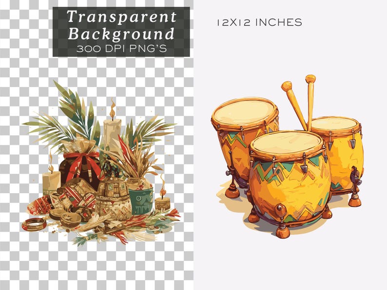 Peut inclure: Illustration &agrave; l'aquarelle avec des tambours et des &eacute;l&eacute;ments d&eacute;coratifs. Les tambours jaunes ont des motifs verts et bleus. L'image comprend des bougies, des plantes et le texte "Transparent Background 300 DPI PNG'S" et "12x12 inches".