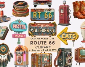 May include: A collection of vintage Route 66 themed clipart images. Includes a Route 66 sign, motel sign, gas pump, jukebox, vintage car, cowboy boots, and a camera. The image also includes the text "ROUTE 66" and "COMMERCIAL USE".
