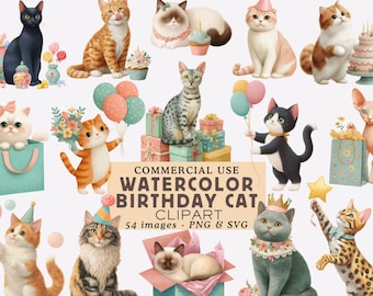 Watercolor Cats Birthday Clipart Bundle Cats Breed Celebration Party Illustrations Festive Kitten Graphics Commercial Use Junk Journal