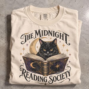 Midnight Reading Society Shirt, Spooky Reader Tee, Black Cat Book Lover Gift, Vintage Bookish T Shirt