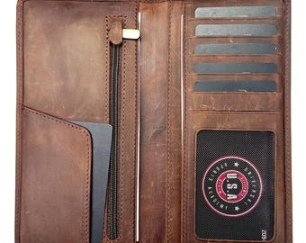 Vintage Leather Wallet Long Bifold – Slim Handmade Gift for Him – Brown Men&#39;s Wallet with Zipper Pocket, Card Slots – Free Personalization