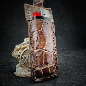 Leather Lighter Case, Crocodile Lighter Cover, Brown Leather Keychain, Genuine Leather Key Fob, Handmade Lighter Holder, Gift For Him