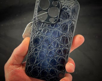 One of a Kind Crocodile iPhone 14 Pro Case – Hand-Painted Leather, Alcantara, Beeswax Finish, Unique Gift for Him