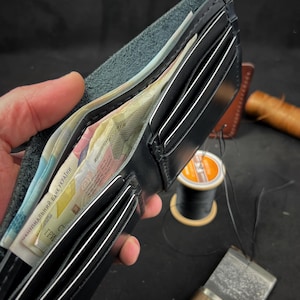 Schwarze Herren Geldbörse - echtes Leder, 6 Kartenfächer, 2 Geldscheinfächer, langlebig, persönliches Geschenk, handgemachte Geldbörse