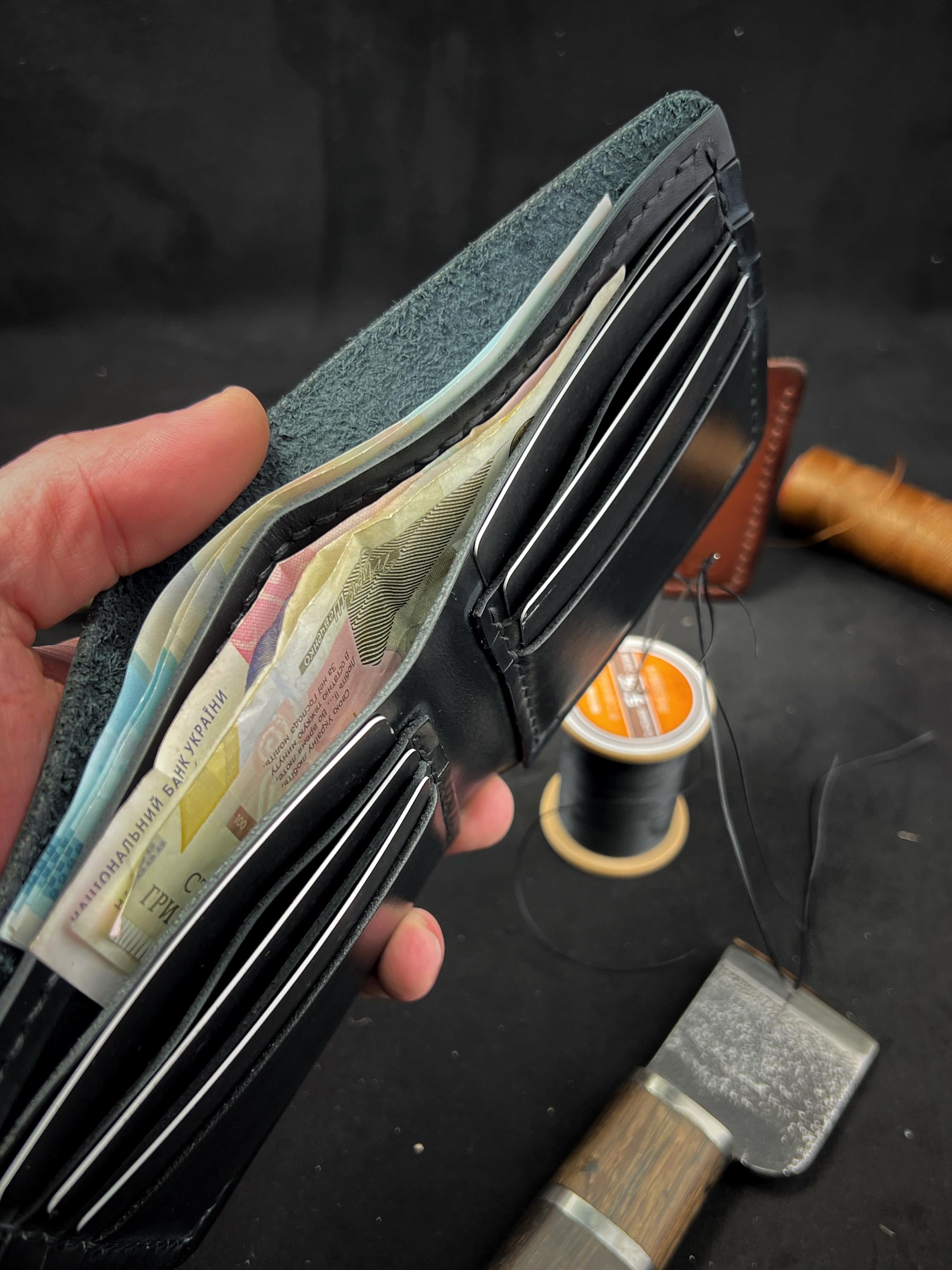 Black Men's Bifold Wallet – genuine leather, 6 card slots, 2 bill compartments, durable, personalized gift, handmade wallet for men