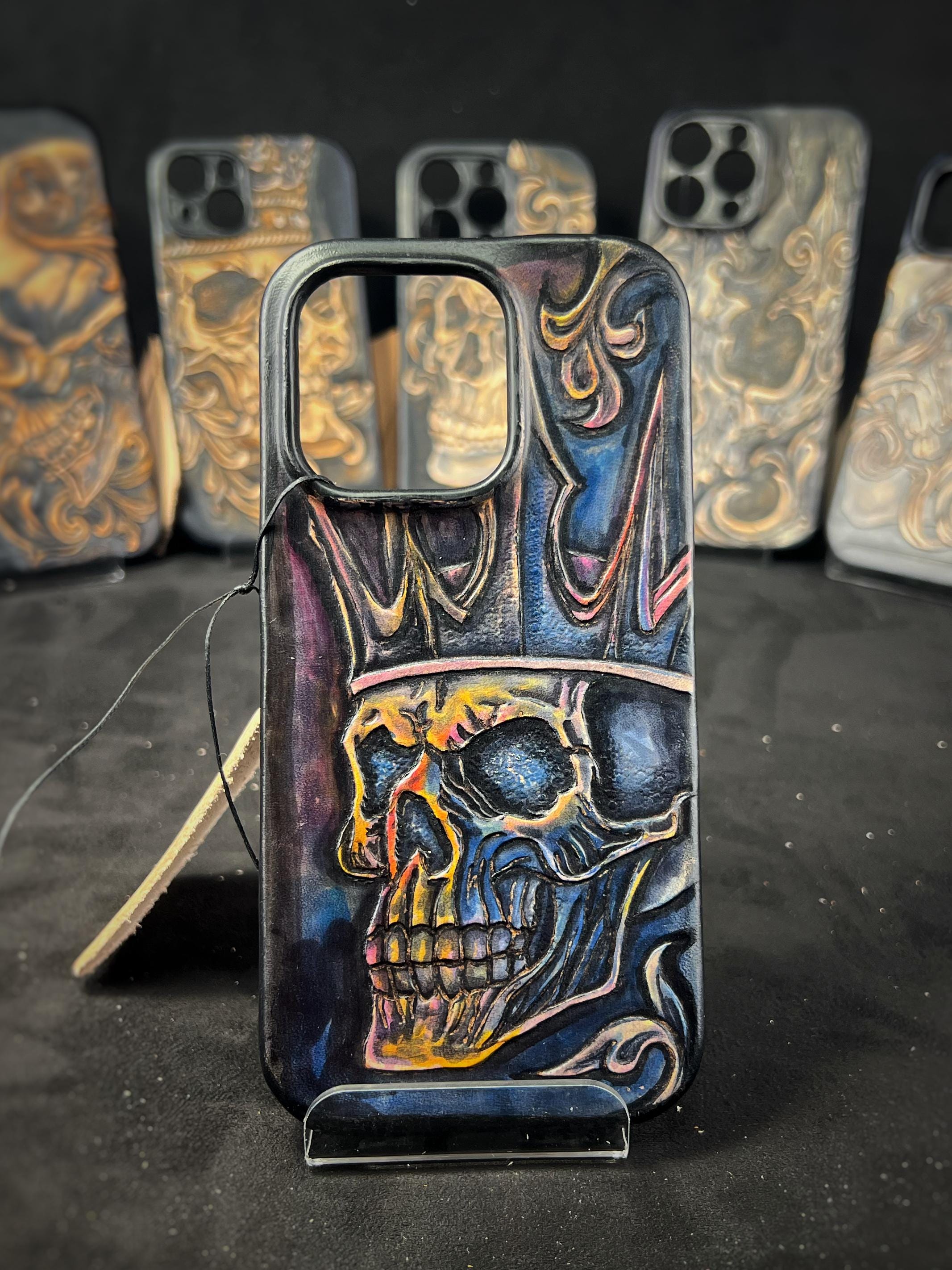 Hand-Painted Skull Leather iPhone 16 Pro Case: Embossed Alcantara Interior
