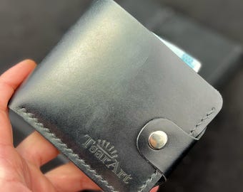 Mens Bifold Leather Wallet Black Leather Hand Waxed Button Closure Personal Engraving Option Large Coin Pocket