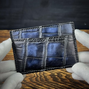 Handmade Crocodile Leather Card Holder: Black and Gray Slim Wallet