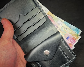 Personalized Black Leather Wallet for Men | Handmade Bifold with Coin Pocket | Gift for Him | Hand-Stitched | Slim Custom Wallet