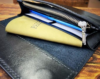 Handmade Black Leather Clutch Wallet: Unisex Purse with Zipper, Custom Text