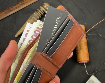 Classic Men&#39;s Bifold Wallet genuine leather cognac brown, 6 card slots 2 bill compartments, slim design, personalized gift, handmade for men