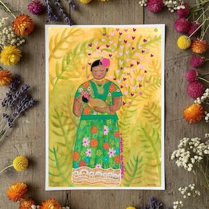 Impression Illustration  Maman du monde mexicaine - portrait traditionnel -affiche aquarelle et poscas- décoration murale - mère et enfant