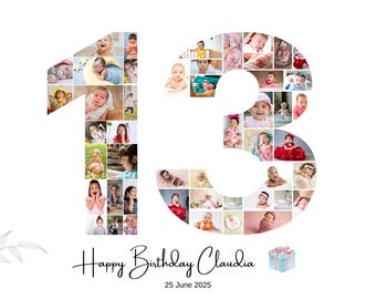 Può includere: Uno sfondo bianco con un grande numero 13, composto da numerose foto di bambini. Sotto il numero c'è il testo "Happy Birthday Claudia" e la data "25 giugno 2025". È presente anche una piccola illustrazione di un pacco regalo.