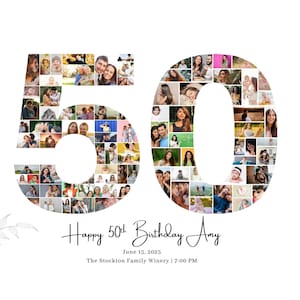 50th Birthday Photo Collage Template, Number 50 Collage, 50th Collage, Custom Gift for her, 50th Birthday, Number Collage, Canva Template