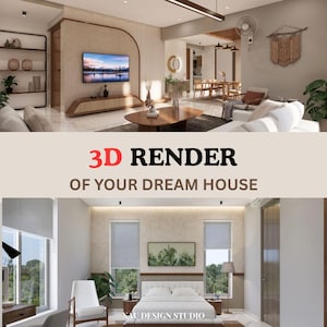 May include: A 3D render of a modern home interior, showcasing a living room and bedroom. The living room features a TV, wooden furniture, and a large sofa. The bedroom has a bed, artwork, and large windows. Text reads: "3D RENDER OF YOUR DREAM HOUSE."