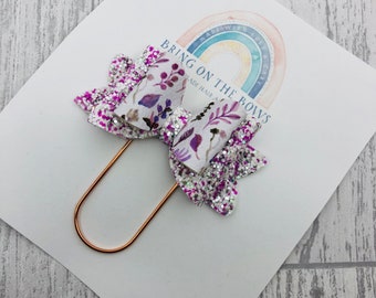 Floral Purple Glitter Bow Paperclip, Planner Clip, Bookmark