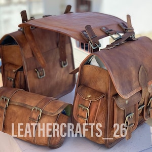 Handmade Leather Saddle Pannier Leather Saddlebags Motorcycle Pouch Brown three Bags Panniers Saddlebags For Sportscasters set of three bags