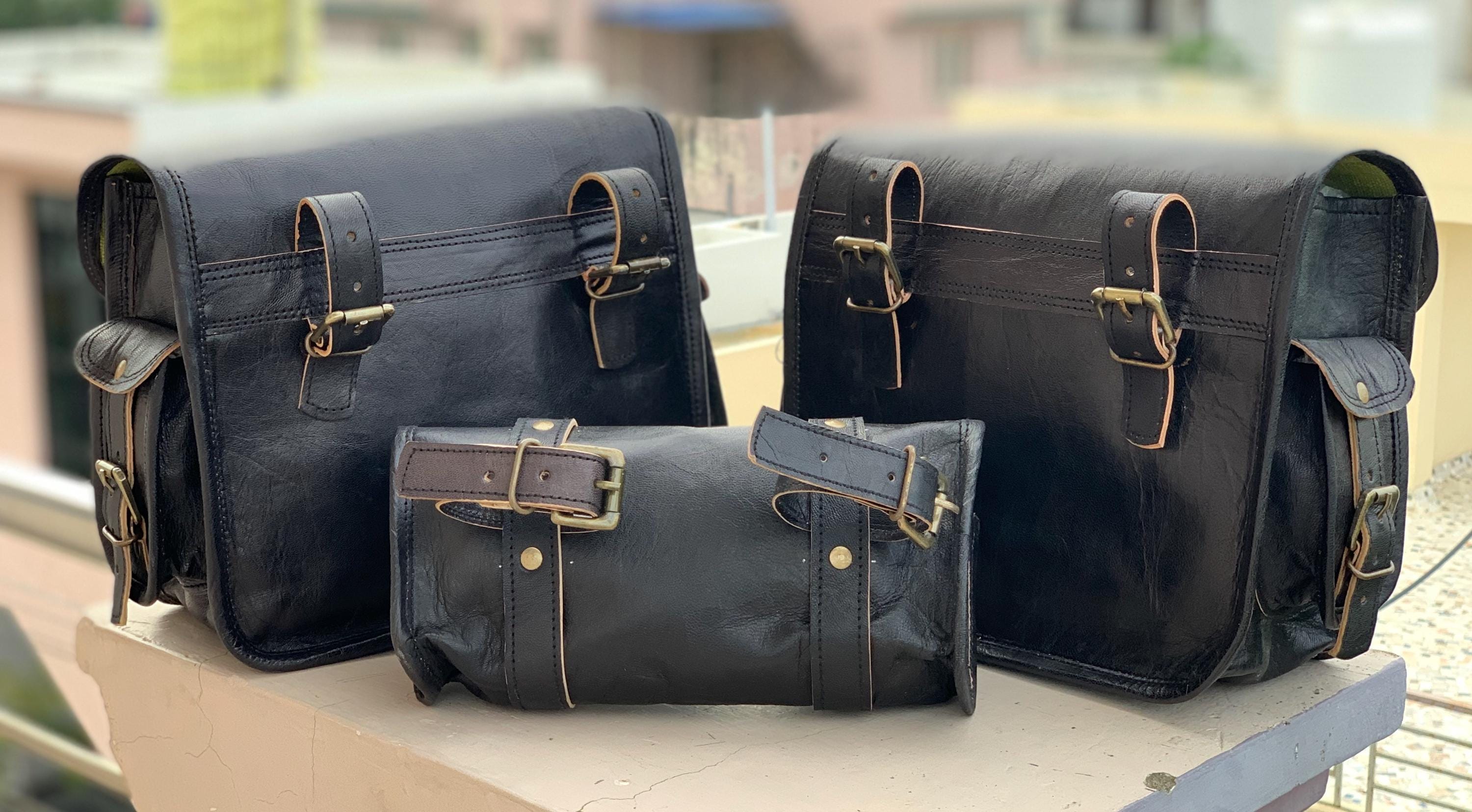 Handmade Leather Saddle Pannier Leather Saddlebags Motorcycle Pouch Brown three Bags Panniers Saddlebags For Sportscasters set of three bags