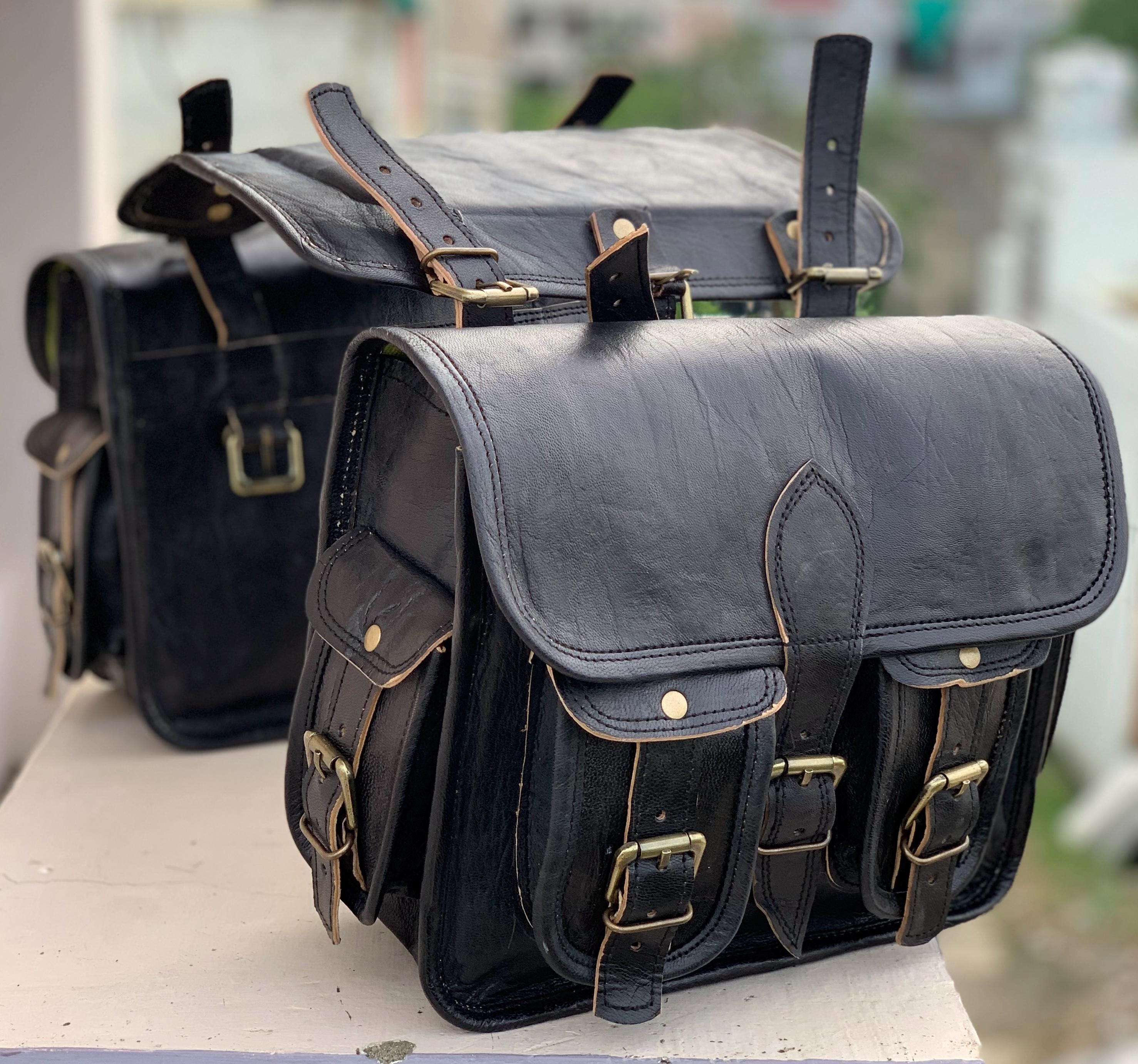Handmade Leather Saddle Pannier Leather Saddlebags Motorcycle Pouch Brown three Bags Panniers Saddlebags For Sportscasters set of three bags