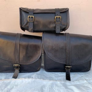 thumbnail interactive-video image 1 of Handmade Black Leather Motorcycle Saddle Bags - 3 Side Panniers Luggage Tool Bags 1 of 6
