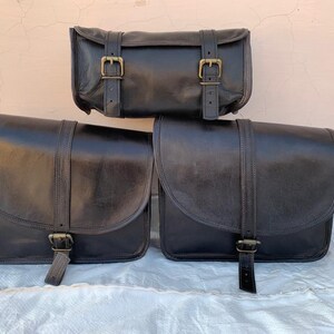 Handmade Black Leather Motorcycle Saddle Bags - 3 Side Panniers Luggage Tool Bags