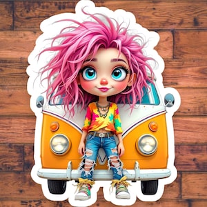 May include: A cartoon illustration of a girl with pink hair sitting on the front bumper of a yellow vintage van. She is wearing a tie-dye shirt, blue jeans, and colorful sneakers.