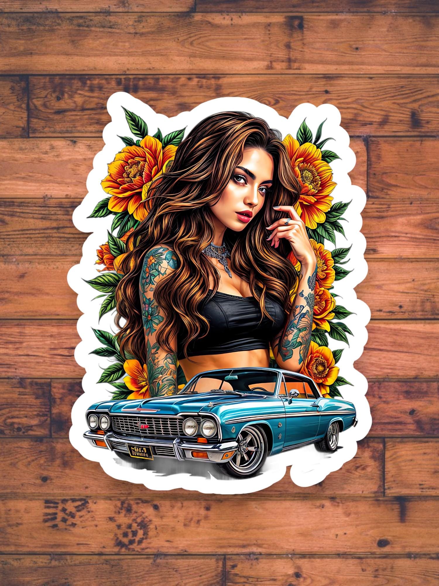 Hot Rod Queen with Blue Impala Vinyl Decal 4in