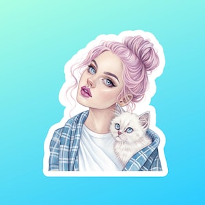 May include: A sticker featuring a portrait of a person with pink hair and blue eyes, holding a white cat. The person is wearing a white shirt and a blue plaid shirt. The background is a gradient of light blue.