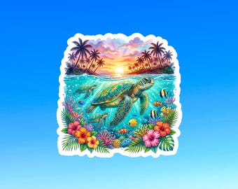 Tropical Sea Turtle Sunset Vinyl Decal