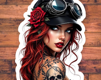 Gothic Steampunk Rebel with Skull Tattoo Vinyl Decal 4in