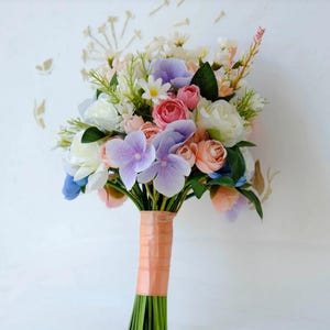 A&F Pink Blue Bouquets, Peach Bouquets, Bright Wildflower Bouquets, Colorful Bridal Bouquet, Blush/Blue/Yellow Wedding Bouquet
