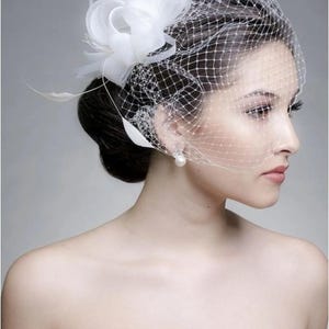 Floral Bridal Fascinator Face Veil, Ivory Hair Fascinator Hat, Cocktail Wedding Headpiece with Birdcage Veil