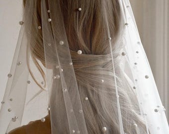 Pearl Bridal Veil, Pearl Beaded Wedding Veil, White  Cathedral Length, Beaded Cathedral, Bridal Accessories, Wedding Headpiece