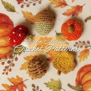 Puede incluir: Colección de artículos de ganchillo hechos a mano en colores otoñales. Incluye una seta roja con lunares blancos, una bellota, una calabaza, una piña y una hoja. Se muestra el texto "Autumn Collection Crochet Patterns".