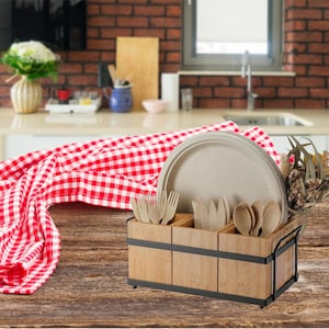 Rustic Wooden Utensil Caddy – 4-in-1 Silverware & Paper Plate Holder | Portable Cutlery Organizer for Kitchen, Parties, BBQs, and Picnics