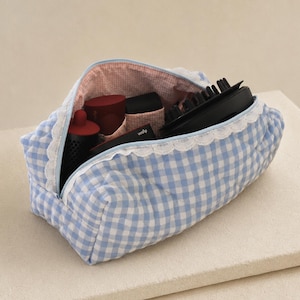 Blauwe geruite reistas voor Dyson Airwrap en Shark FlexStyle, gewatteerde organizer voor stylingtools, katoenen opbergtas voor Airwrap met kanten afwerking.