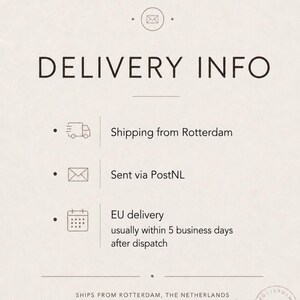 May include: A cream-colored graphic with the text "DELIVERY INFO" in a bold, dark font. Below, bullet points detail shipping from Rotterdam, sent via PostNL, and EU delivery within 5 business days after dispatch. The bottom text reads "SHIPS FROM ROTTERDAM, THE NETHERLANDS."
